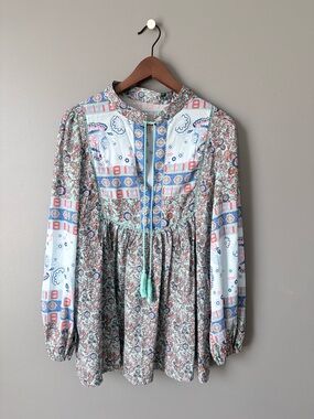 Boho Patchwork Floral Peasant Blouse in Mint and Coral